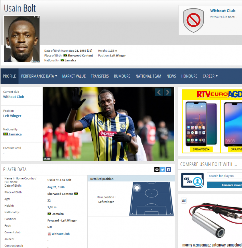 Usain Bolt ma swój PROFIL na Transfermarkt